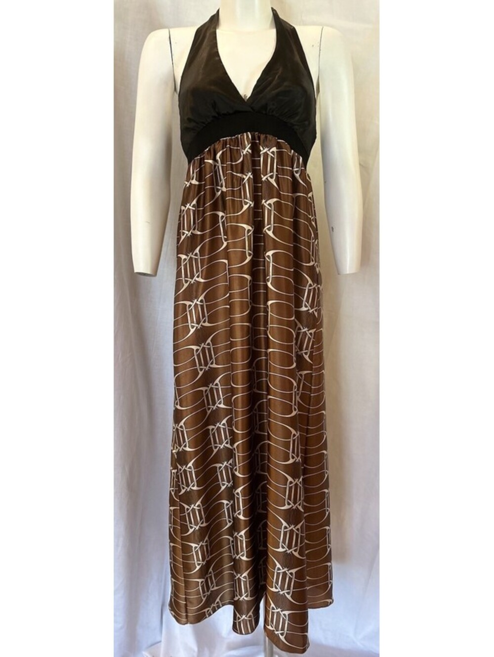 VTG 70s Disco Graphic Chain Link Print Satin Halter Black Brown Maxi Dress SZ M